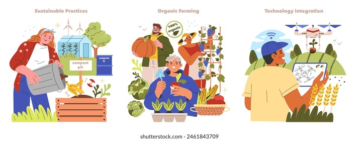 Farm life set. Illustrating sustainable practices, organic farming, and technology integration in agriculture. People engage in eco-friendly activities. Vector illustration.