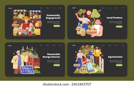 In: Farm Life Set. Ländliches Engagement der Gemeinschaft, heimischer Verkauf lokaler Produkte, erneuerbare Energiequellen und Agritourismus-Aktivitäten. Vektorillustration.