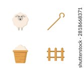 Farm life and shepherding featuring fluffy white sheep wooden shepherd crook woven basket and rustic wooden fence on white background