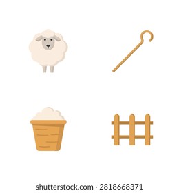 Farm life and shepherding featuring fluffy white sheep wooden shepherd crook woven basket and rustic wooden fence on white background