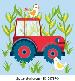 Farm life - tractor and maize (corn plants) with happy rooster and hen