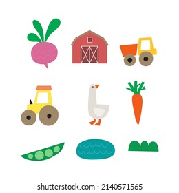 Farm life - vector illustration. Cute illustrations with tractor, truck, farm, vegetables