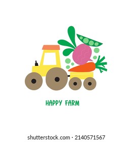 Vida de la granja - ilustración vectorial. Ilustraciones cortas con tractor, camión, granja, verduras