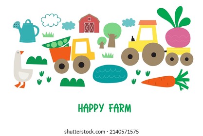 Farm life - vector illustration. Cute illustrations with tractor, truck, farm, vegetables