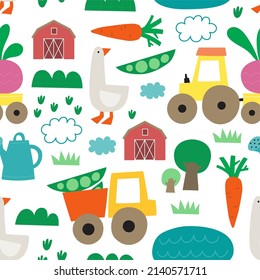 Farm life - vector illustration. Cute seamless pattern with tractor, truck, farm, vegetables