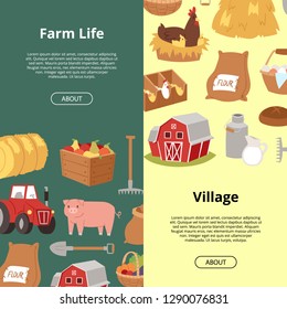 Farm life and village. Organic farming and agribusiness banners with cartoon farm equipment, food and animals vector illustration. Tractor, sacks with potato, boxes with fruits, jar with milk.