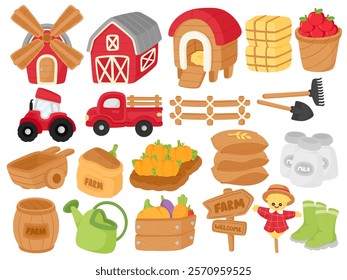 Farm Life Watercolor Clip Art Collection - Windmill, Barn, Tractor, Haystack, Basket of Fruits and Vegetables, Milk Bottle, Farm Tools, Scarecrow, Fences, and Wooden Signs - Perfect for DIY Crafts, In