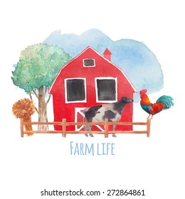 Farm life: Watercolor farm illustration. Hand drawn vector isolated label with cow, rooster, ranch house, tree, sheaf of wheat on white background. Artistic objects logo