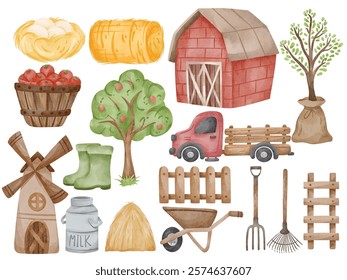 Farm Life Watercolor Illustration Set Featuring Rustic Farm Elements - Barn, Apple Tree, Red Truck, Wooden Fence, Farming Tools, Haystack, and More for Country-Themed Decor and Creative Projects