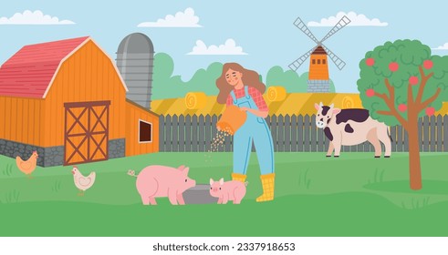 Farm life. Young female woman feeding pig, meadow with cow and poultry. Animal husbandry and breeding. Livestock industry. Fields with haystacks and windmills, farmland vector illustration