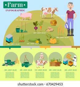 Farm lifestyle infographic colorful vector poster of male farmer, big animals, healthy plants with percents near and text description below