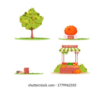 Farm lifestyle semi flat RGB color vector illustration set. Apple tree. Ripe pumpkin as county festival winner. Tree logs. Ranch attributes isolated cartoon object collection on white background