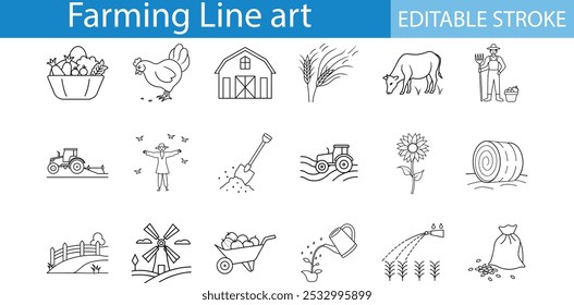 Farm Line Art Icons Editable Stroke Set