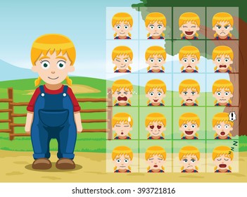 Farm Little Girl Cartoon Emotion faces Vector Illustration