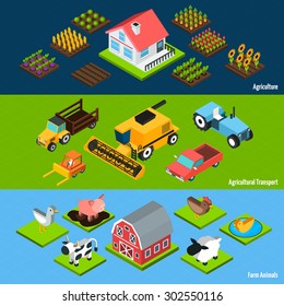 Farm livestock animals and agricultural transport machinery and tractors isometric horizontal banners set abstract isolated vector illustration