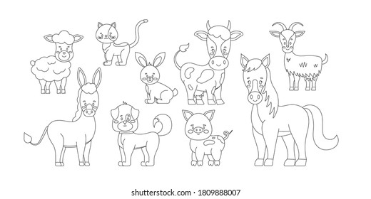 Farm livestock animals line art set isolated on white background. Cute  cartoon character - sheep, goat, cow, donkey, horse, pig, cat, dog, rabbit. Vector flat editable linear silhouette illustration.