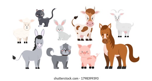 Farm livestock animals set isolated on white background. Cute and funny cartoon character -  sheep, goat, cow, donkey, horse, pig, cat, dog, rabbit. Vector flat design clip art illustration.