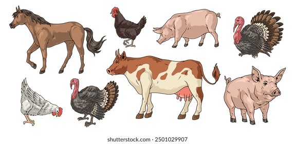 Farm livestock set emblems colorful with horse and cow near pigs and chickens or turkeys vector illustration