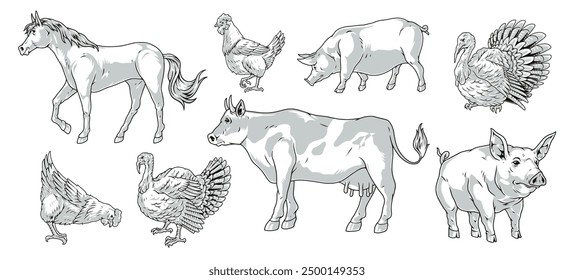 Farm livestock set emblems monochrome with two turkeys and chickens or pigs near horse and cow vector illustration