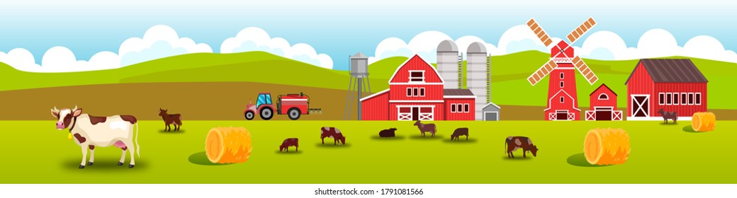 Vectores de ganadería agrícola con vacas de pastoreo, granero, molino, pajar, prado, colinas. Paisaje agrícola rural con ganado, tractor, torre de agua, edificios de aldeas rojas. Ilustración plana de estiércol