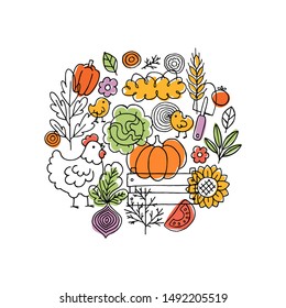 Farm living composition. Linear graphic. Chicken, vegetables and harvest tools. Scandinavian style. Vector illustration