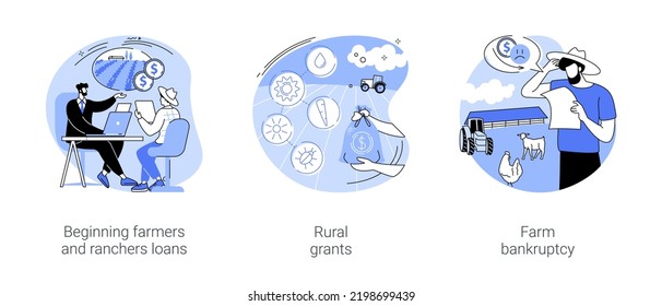 Farm loans isolated cartoon vector illustrations set. Beginning ranchers credit, farmer meeting a banker, rural grant, agribusiness development, payment program, farm bankruptcy vector cartoon.