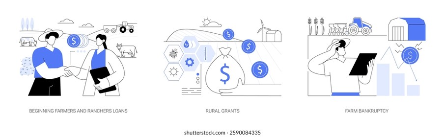 Farm loans isolated cartoon vector illustrations set. Beginning ranchers credit, farmer meeting a banker, rural grant, agribusiness development, payment program, farm bankruptcy vector cartoon.