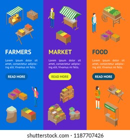 Farm Local Market Banner Vecrtical Set Isometric View Fresh Healthy Vegetable, Organic Food and Farmers. Vector illustration of Stall