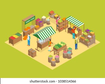 Farm Local Market Concept 3d Isometric View Fresh Healthy Vegetable, Organic Food And Farmers. Vector Illustration Of Stall