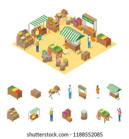 Farm Local Market Concept And Elements 3d Isometric View Fresh Healthy Vegetable, Organic Food And Farmers. Vector Illustration Of Stall