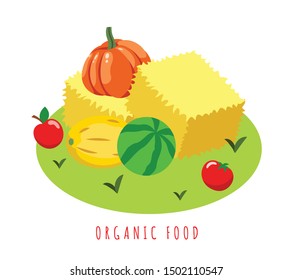 Farm local market isometric background composition with text and cartoon images of ripe vegetables on grass vector illustration