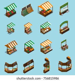 Farm Local Market Isometric Collection With Isolated Images Of Stalls With Tents Products And Sign Plates Vector Illustration