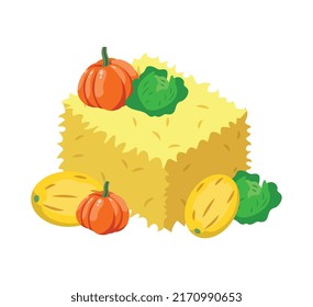 Composición isométrica del mercado local de la granja con visión aislada de pila de heno con ilustración vectorial de vegetales