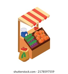 Farm local market isometric composition with isolated view of market stall with natural homemade products vector illustration