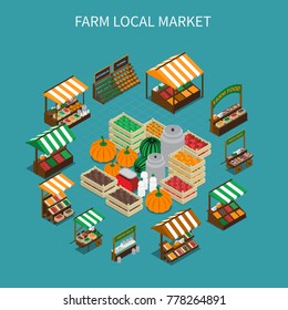 Farm local market isometric composition with images of stall tents and boxes filled with vegetables vector illustration