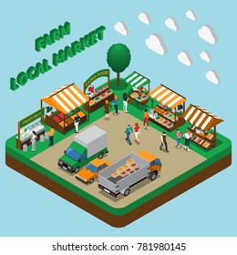 Farm local market isometric composition with village fairground tent stalls with organic products cars and trucks vector illustration