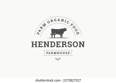 Farm local market premium logo design template bull cow with crossed axes vector illustration. Agriculture countryside business emblem fresh organic meat beef production branding identification