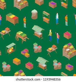 Farm Local Market Seamless Pattern Background 3d Isometric View Fresh Healthy Vegetable, Organic Food and Farmers. Vector illustration of Stall