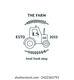Farm Local Tractor Hand Drawn Logo for Business Branding, Packaging, Websites Design and Creative Studio. Hand Drawn Vector Minimalist Illustration