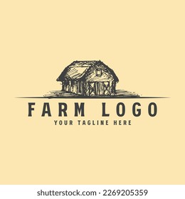 Farm logo with barn icon illustration in vintage hand drawn style