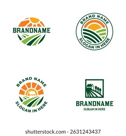 Farm Logo Collection, Um conjunto de quatro logotipos de agricultura com elementos de sol e campo.