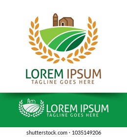 Farm logo concept with laurels, barn, and ranch.