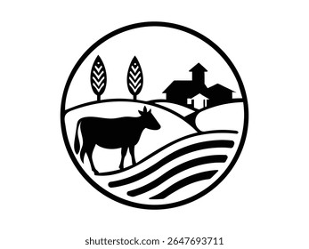 Farm logo with cow, barn, trees, and fields rural agriculture vector icon for dairy, organic farming, livestock, and countryside branding design