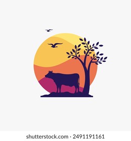 Farm logo, with cow and nature background