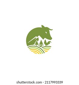 Farm Logo with cow and plantation illustration