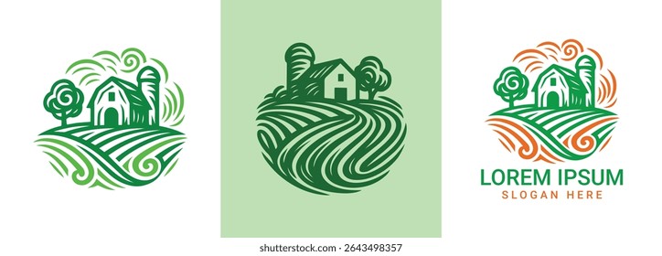 Design do logotipo da fazenda com celeiro e campo