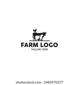 Farm logo design between cows, sheep, geese and chickens.