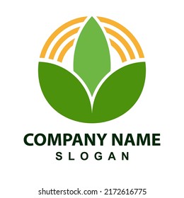 diseño del logo de la granja en forma de 3 hojas y un sol