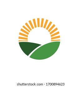 Farm logo design. Organic product. Sun and green field. Minimal vector emblem