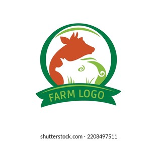 Farm logo design with pig and cow elements. Farm animal logo template for fresh meat fresh milk dairy product healthy eating organic farm products. Symbol for livestock company, agricultural business.